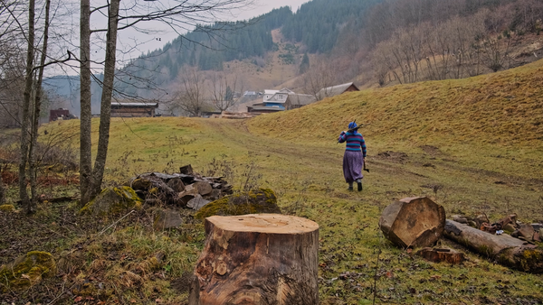 A distant view of a woman carrying supplies up a steep hill toward a remote settlement in the Carpathian Mountains, showing the scale of isolation.